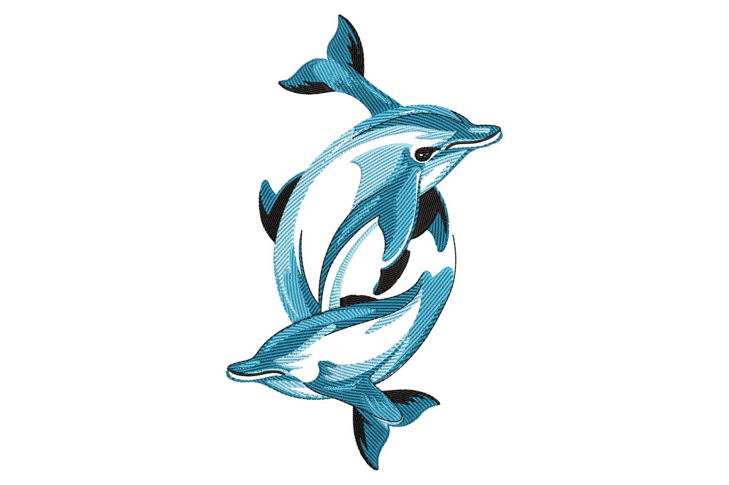 Twin dolphin embroidery design, two dolphins in a mirror-arc circle, 4 shades of blue and black outlines, solid fill realistic style, navy tote.