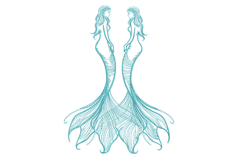 Twin mermaid embroidery design, two mirrored mermaids facing each other with tails crossing, teal outline art, single thread, white fabric.
