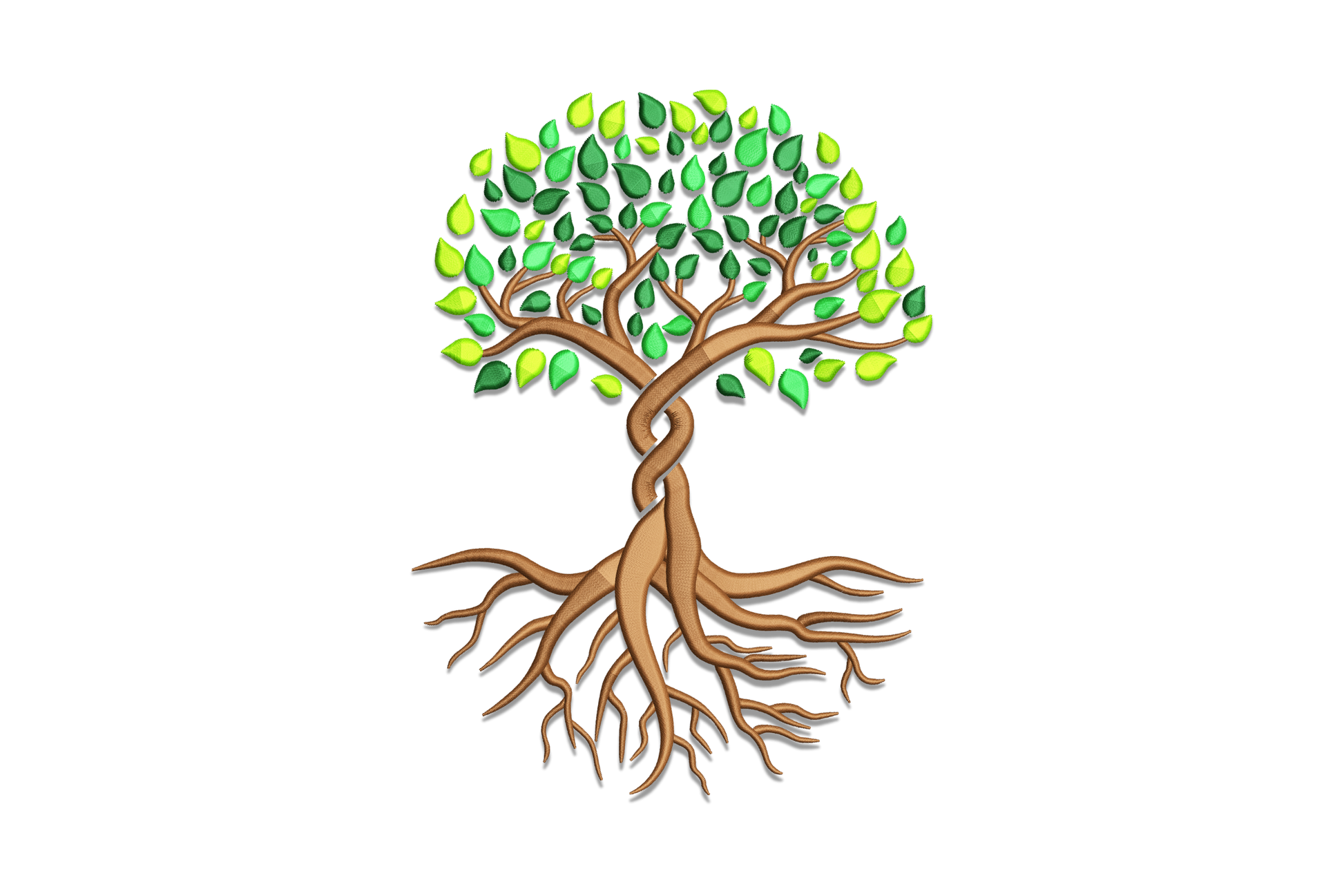 Twisted gnarled trunk tree embroidery with exposed lateral root system at base and compact round leaf canopy above, 4 colors in brown and three greens, botanical nature design