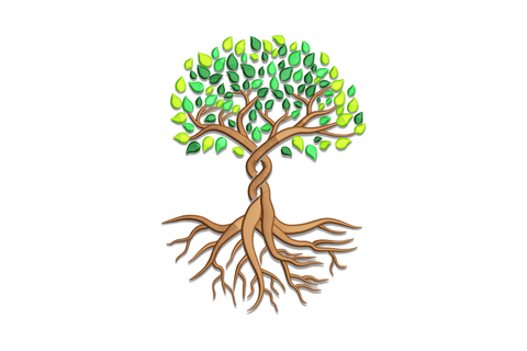 Twisted gnarled trunk tree embroidery with exposed lateral root system at base and compact round leaf canopy above, 4 colors in brown and three greens, botanical nature design