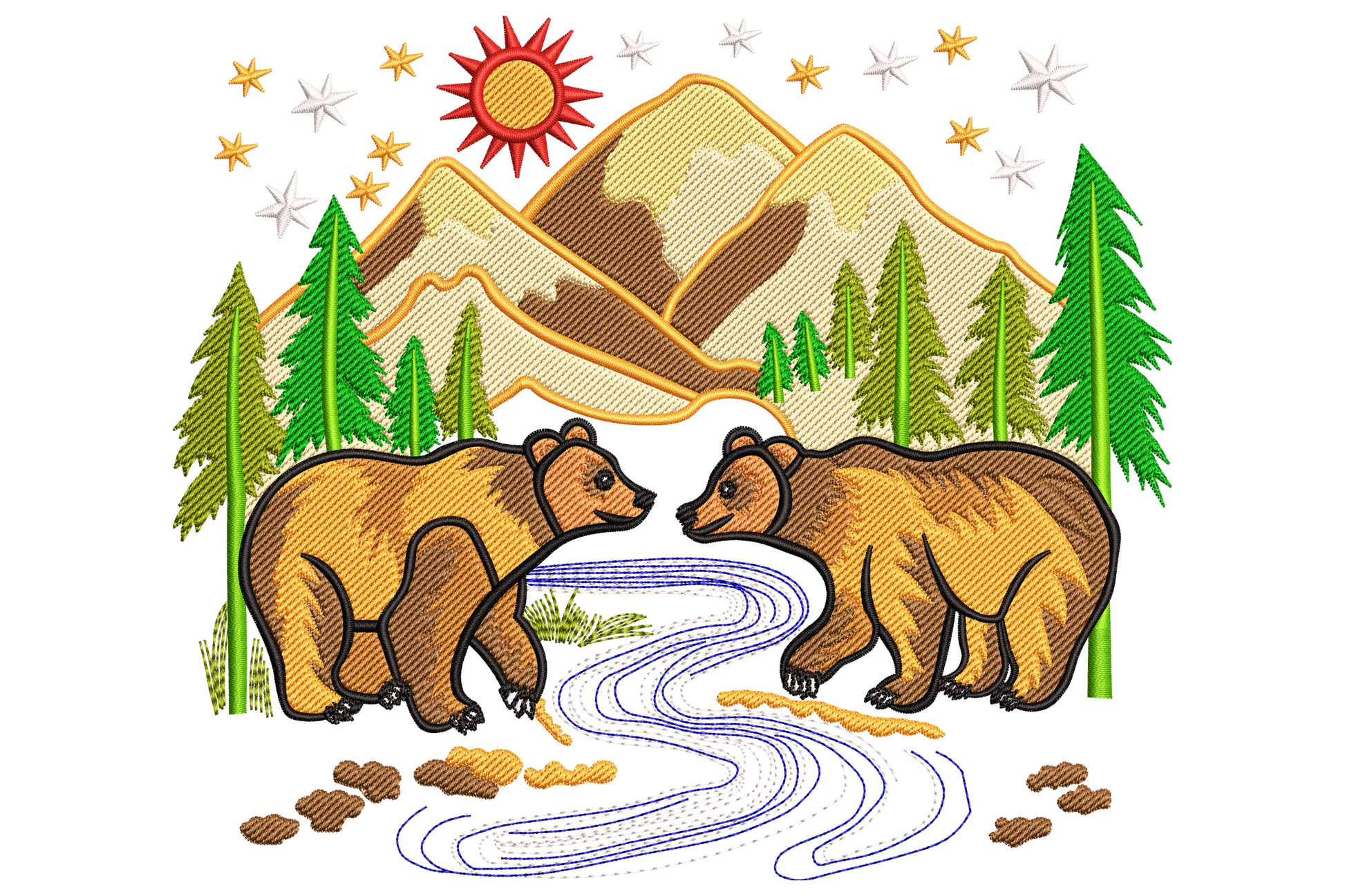 Two grizzly brown bears embroidery across stream with mountain peaks, pine trees, red sun and scattered stars.