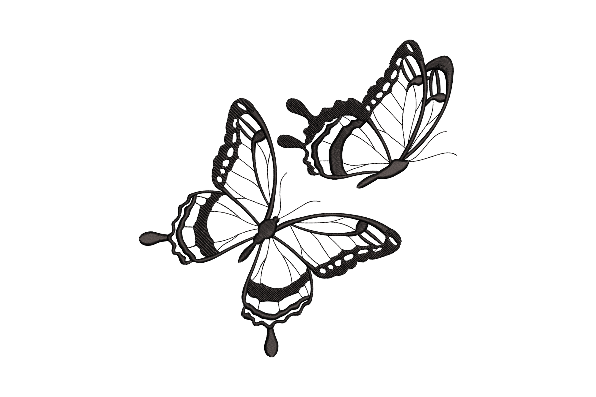 Two butterflies outline embroidery design, black line art monarch pair with detailed wing veins, single thread machine embroidery