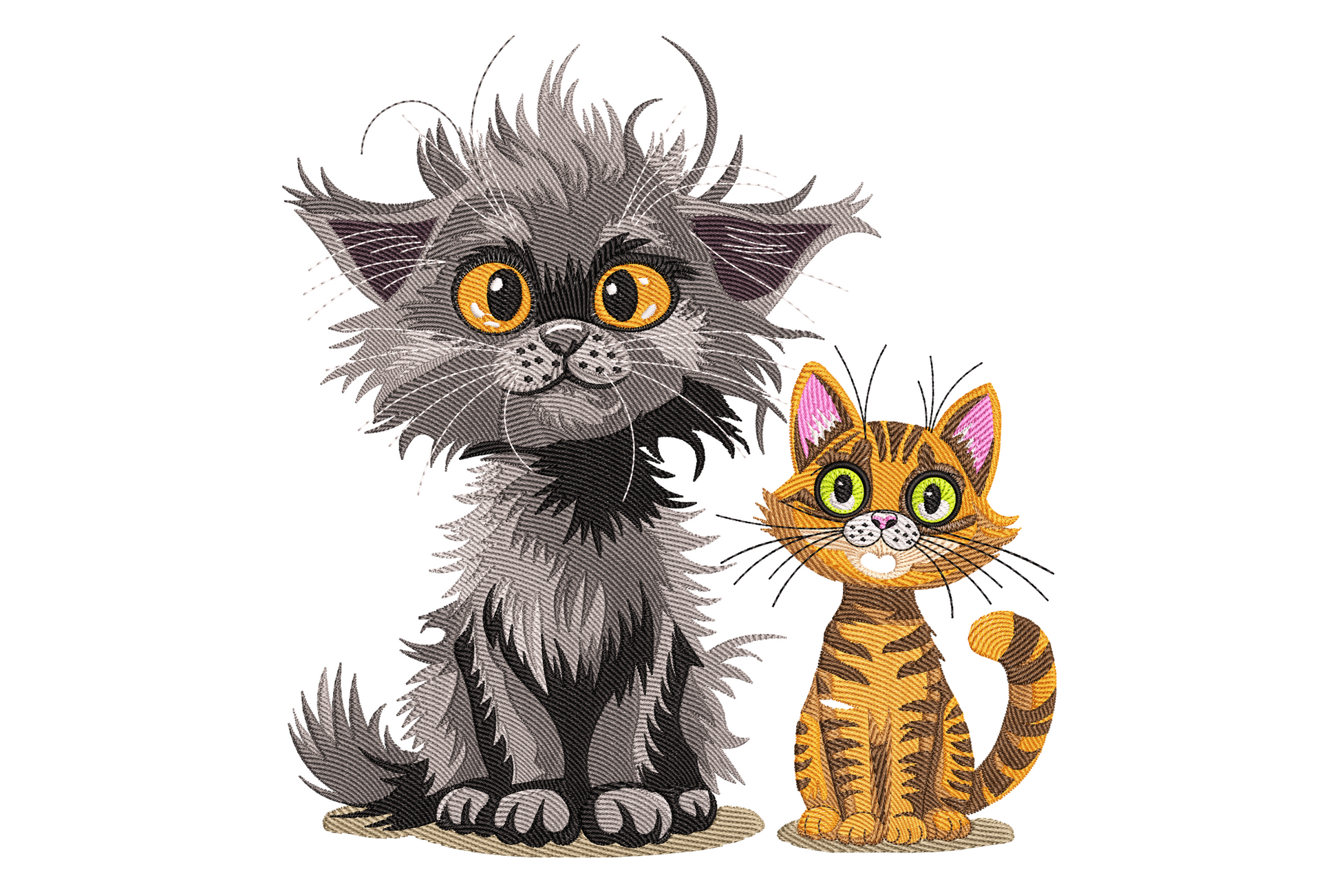 Two cats embroidery, fluffy grey persian longhair with orange eyes next to a small ginger tabby with green eyes