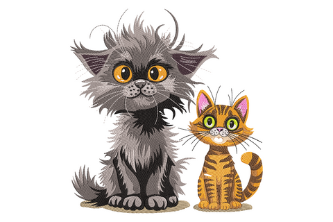 Two cats embroidery, fluffy grey persian longhair with orange eyes next to a small ginger tabby with green eyes