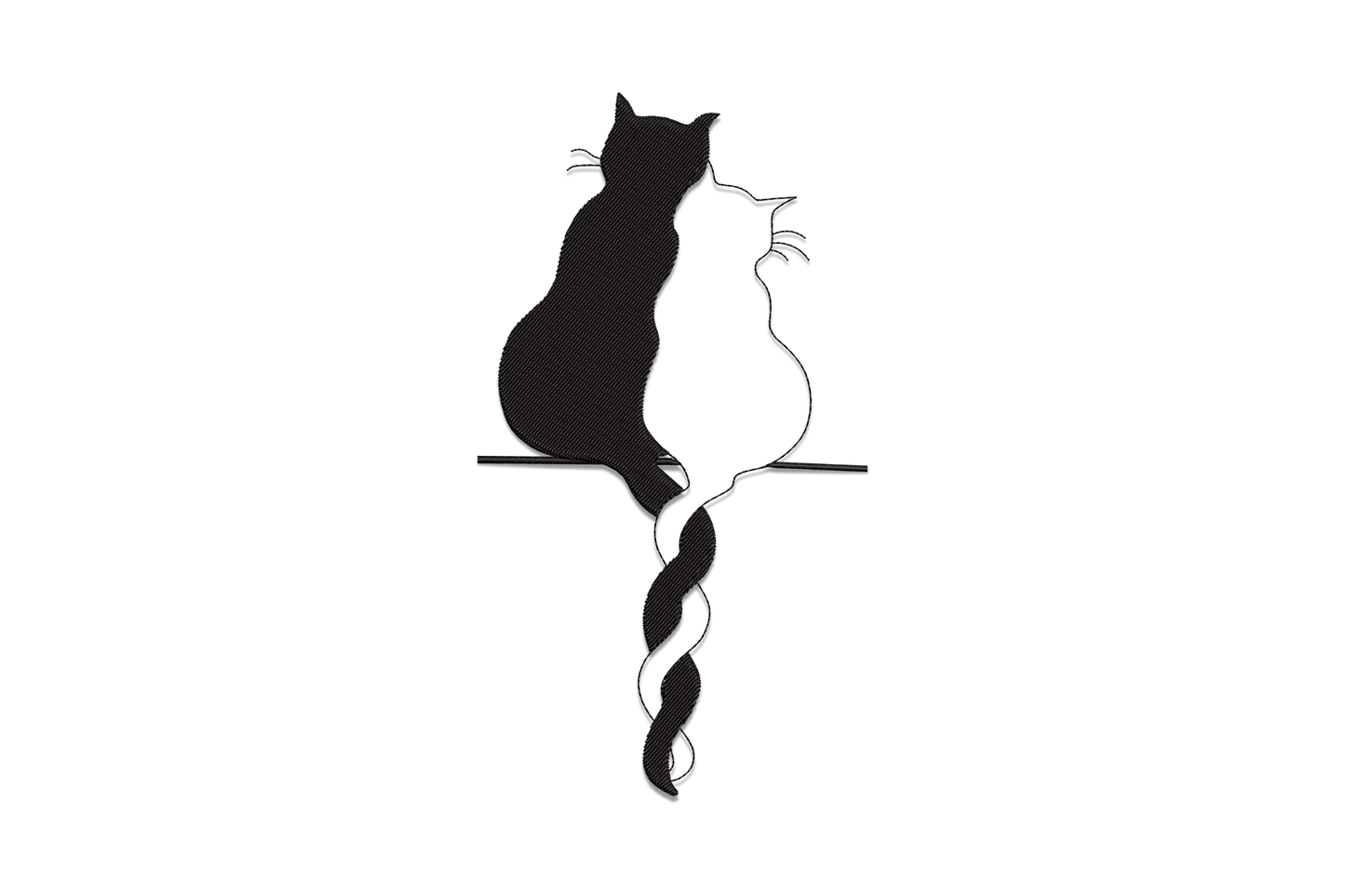 Two cats silhouette embroidery design, one solid black and one outline, with curling tail