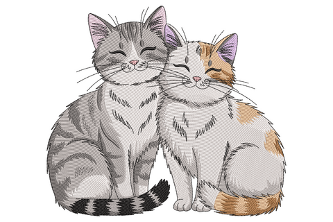 Two kittens hugging embroidery design, grey tabby cat and orange calico kitten leaning together with eyes closed and pink ears.