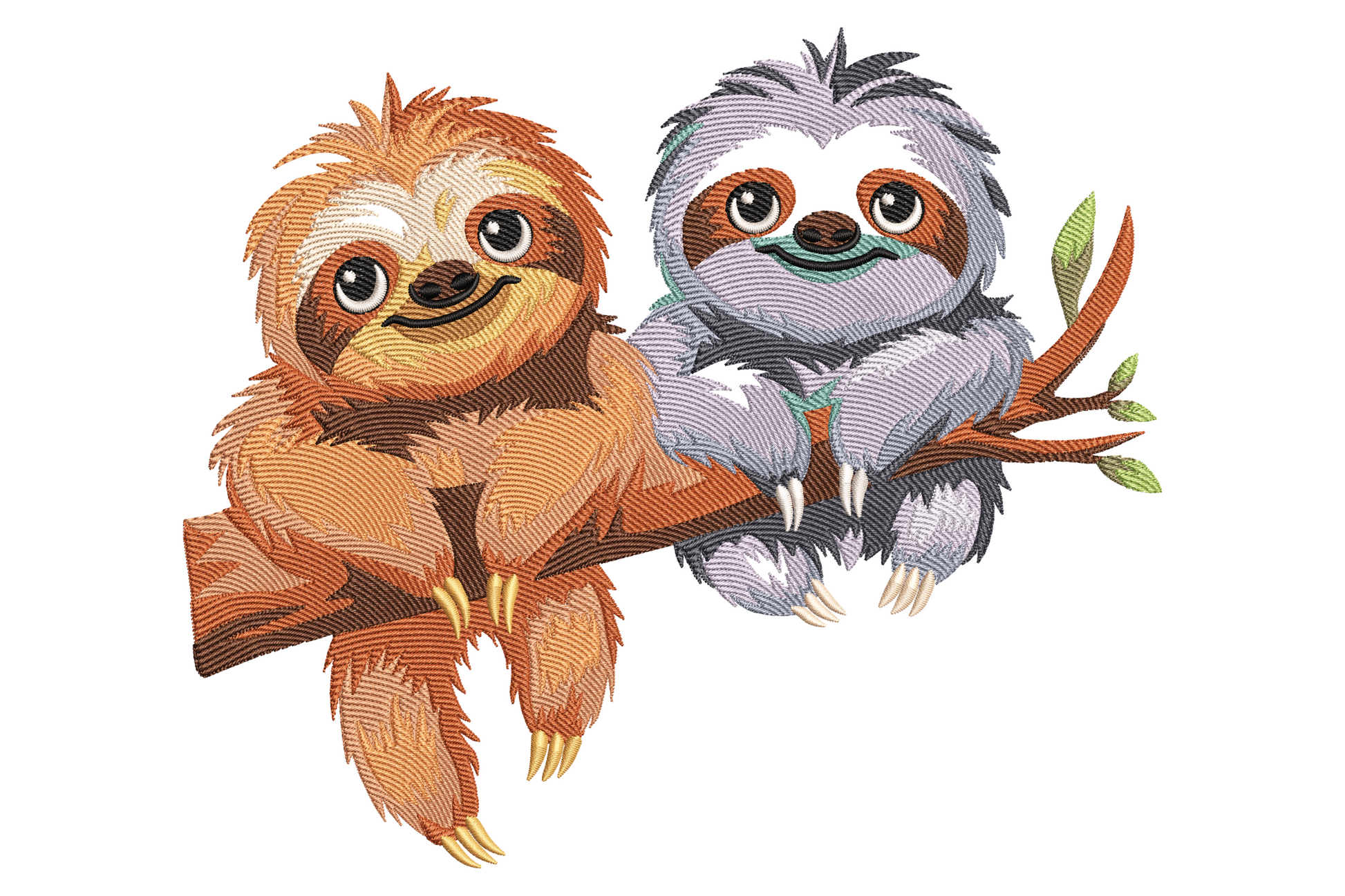 Two cute baby sloths embroidery design hanging on a branch, rust orange and grey-purple sloths with green leaves