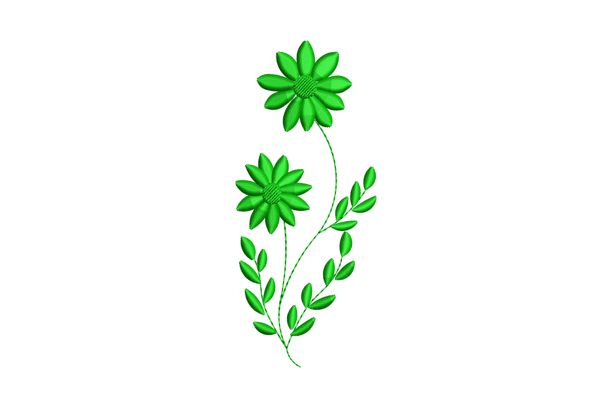Two daisy flowers with narrow petals stacked on a leafy stem embroidery, solid dark green on white, single colour design