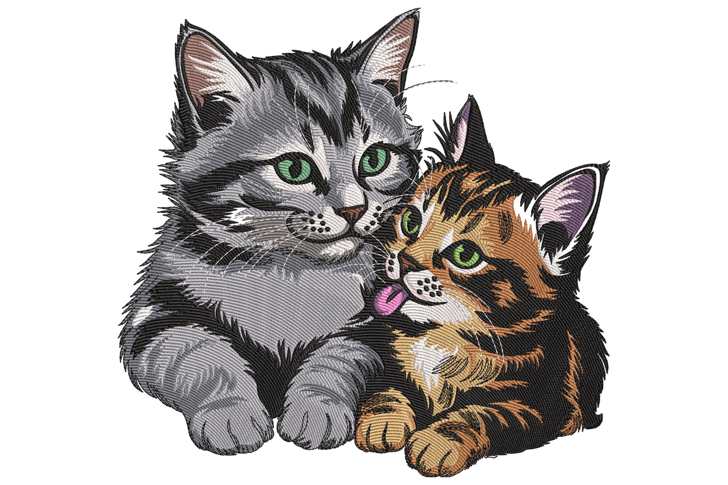Two kittens embroidery with a fluffy grey tabby and a small ginger black tabby snuggled close, pink tongue poking out.