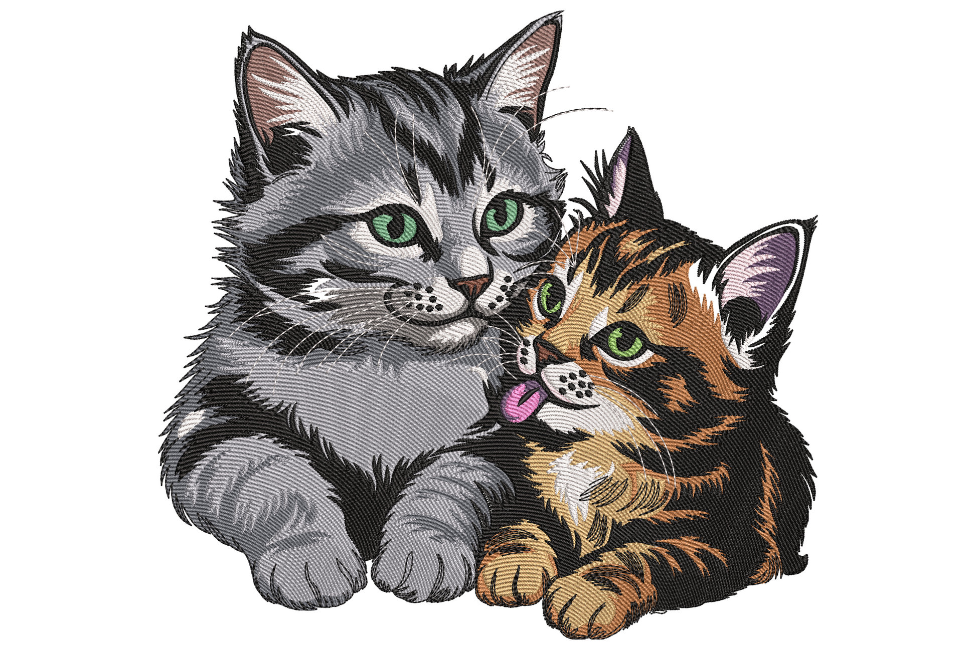Two kittens embroidery with a fluffy grey tabby and a small ginger black tabby snuggled close, pink tongue poking out.