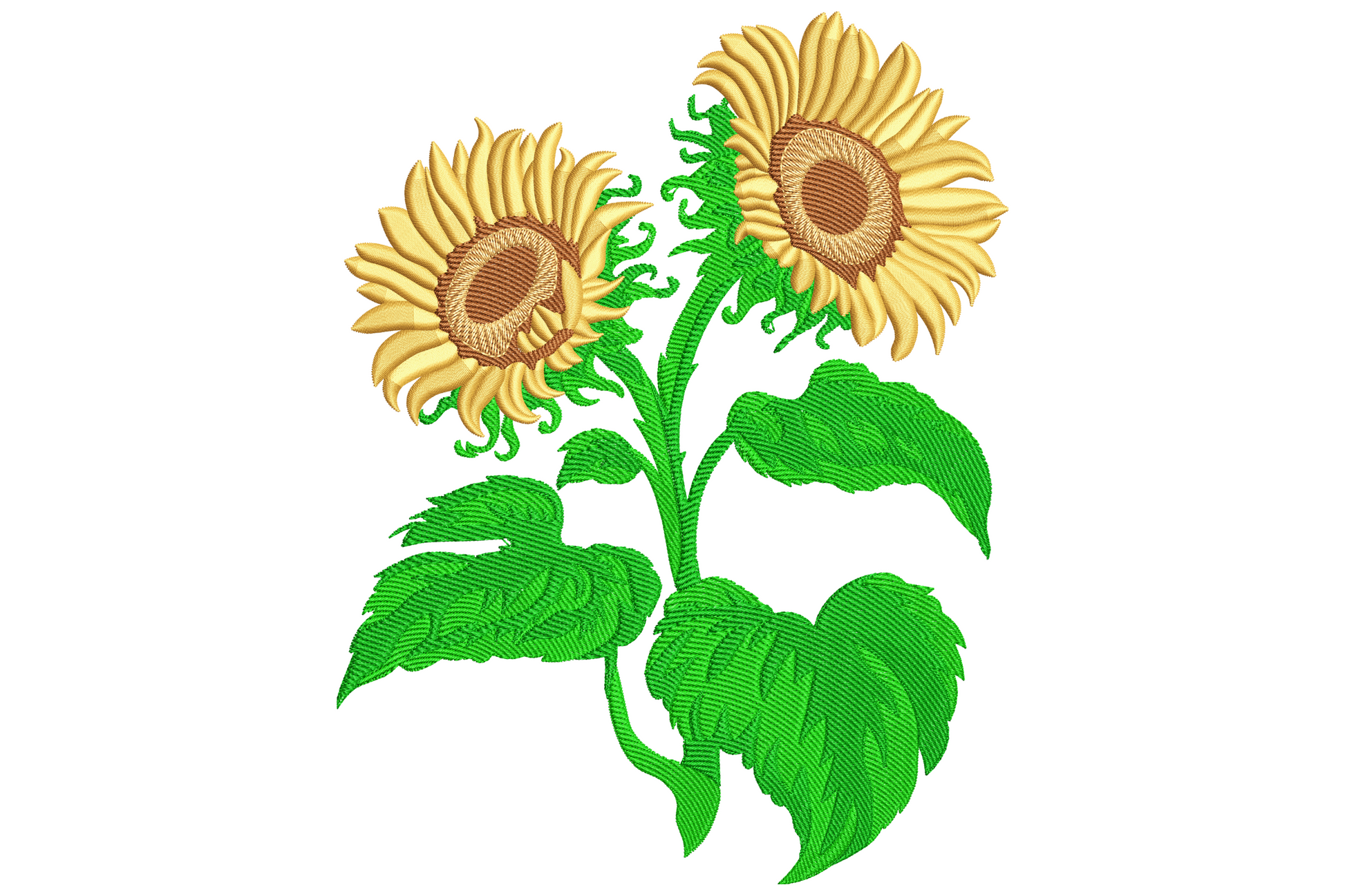 Two yellow sunflowers embroidery with cocoa-brown seedheads, curling green stems and pointed leaves fanning around the base.