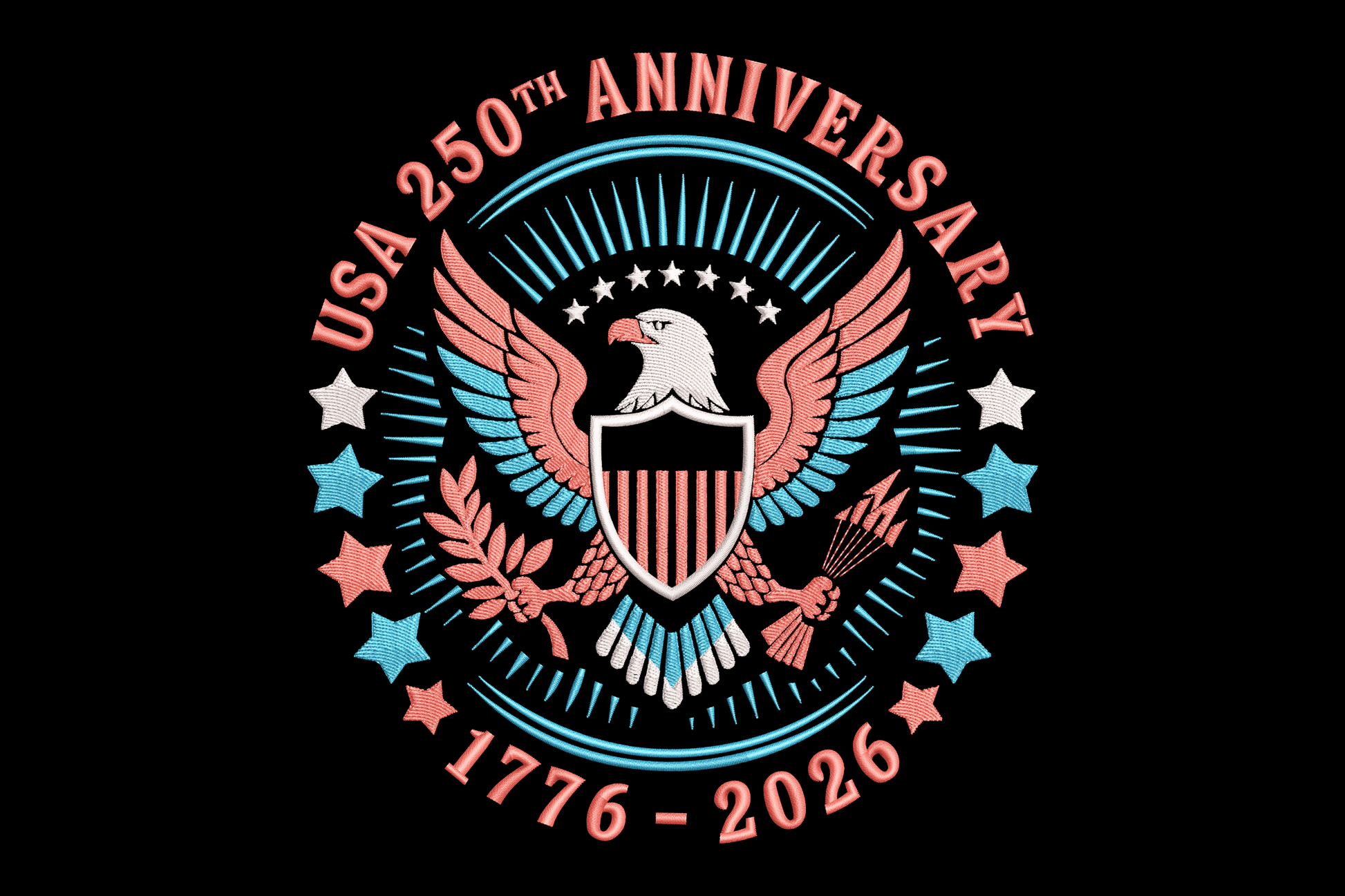 250th Anniversary emblem with eagle and stars on a black background