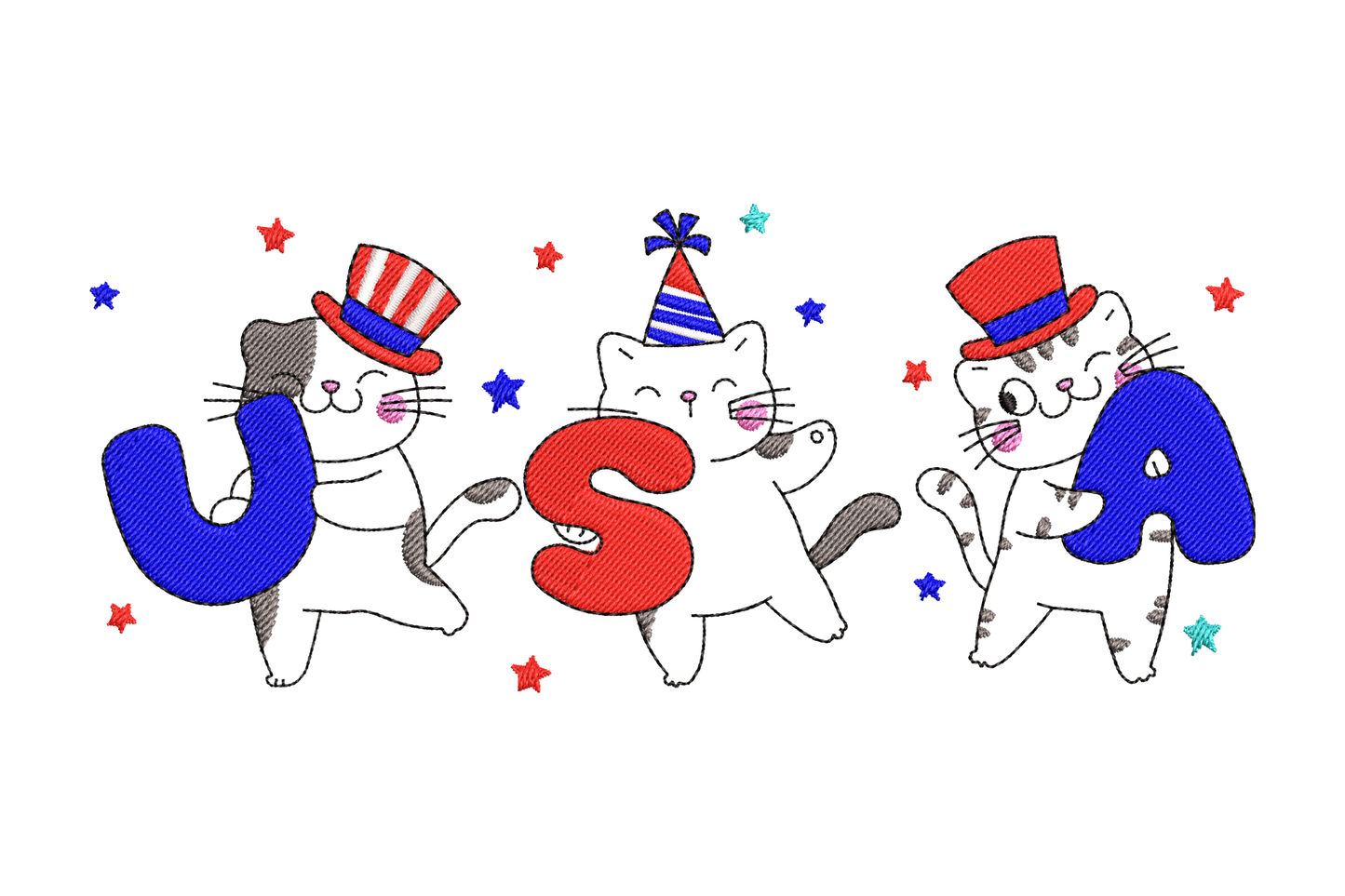 Embroidery design of three tabby cats wearing patriotic party hats holding USA block letters in red white and blue with star confetti, 4th of July cat design