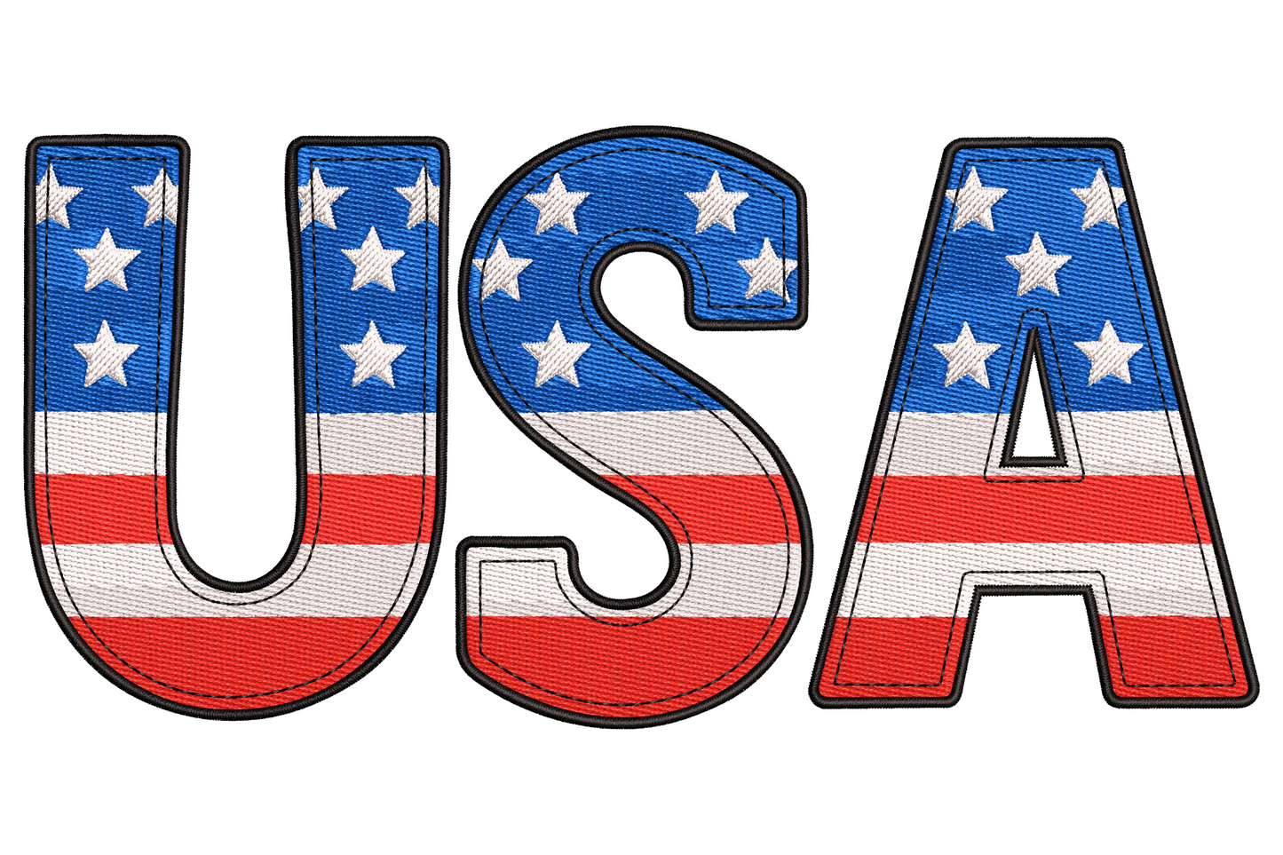 USA letters embroidery design with each block letter filled with American flag stars and stripes pattern in navy red and white.