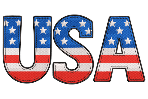 USA letters embroidery design with each block letter filled with American flag stars and stripes pattern in navy red and white.