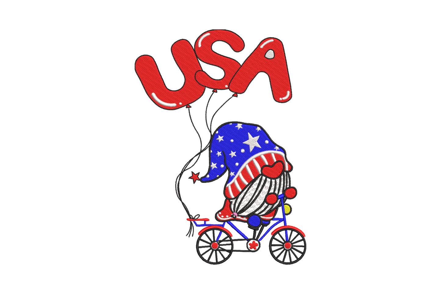 USA gnome on bicycle embroidery design with red letter balloons floating overhead in patriotic red, white and blue