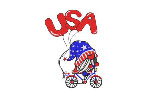 USA gnome on bicycle embroidery design with red letter balloons floating overhead in patriotic red, white and blue