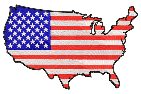 USA continental map silhouette filled with American flag stripes and blue star canton, embroidered patriotic design.