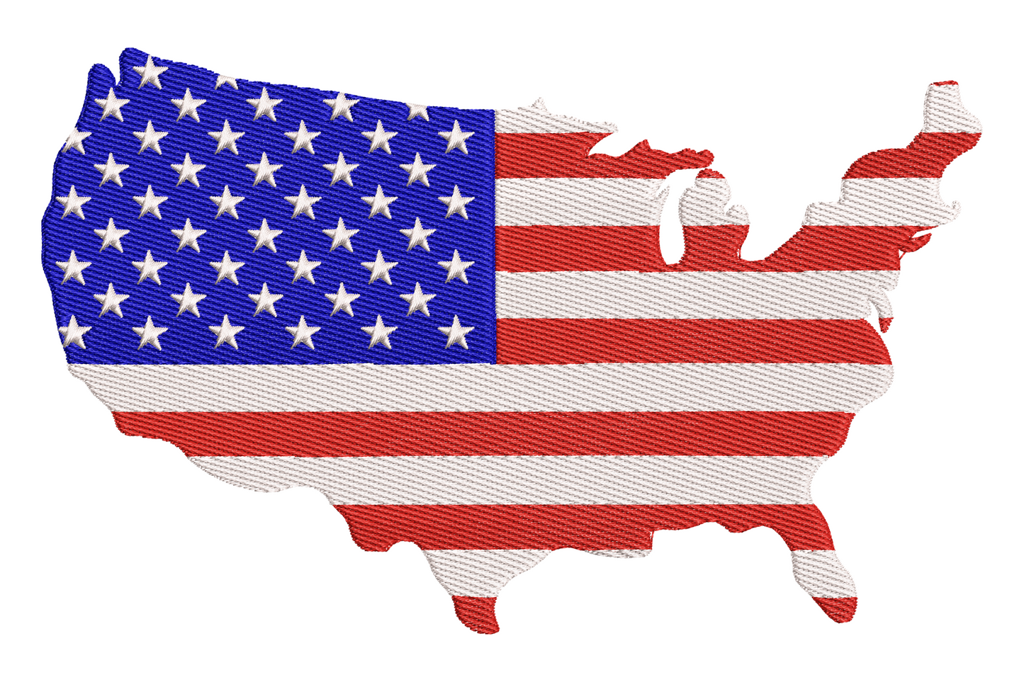 USA map flag embroidery, American flag stars and stripes filling the country outline with navy blue canton and white stars.