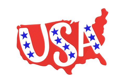 USA map embroidery design, red filled outline with blue stars inside, two-color patriotic minimal style