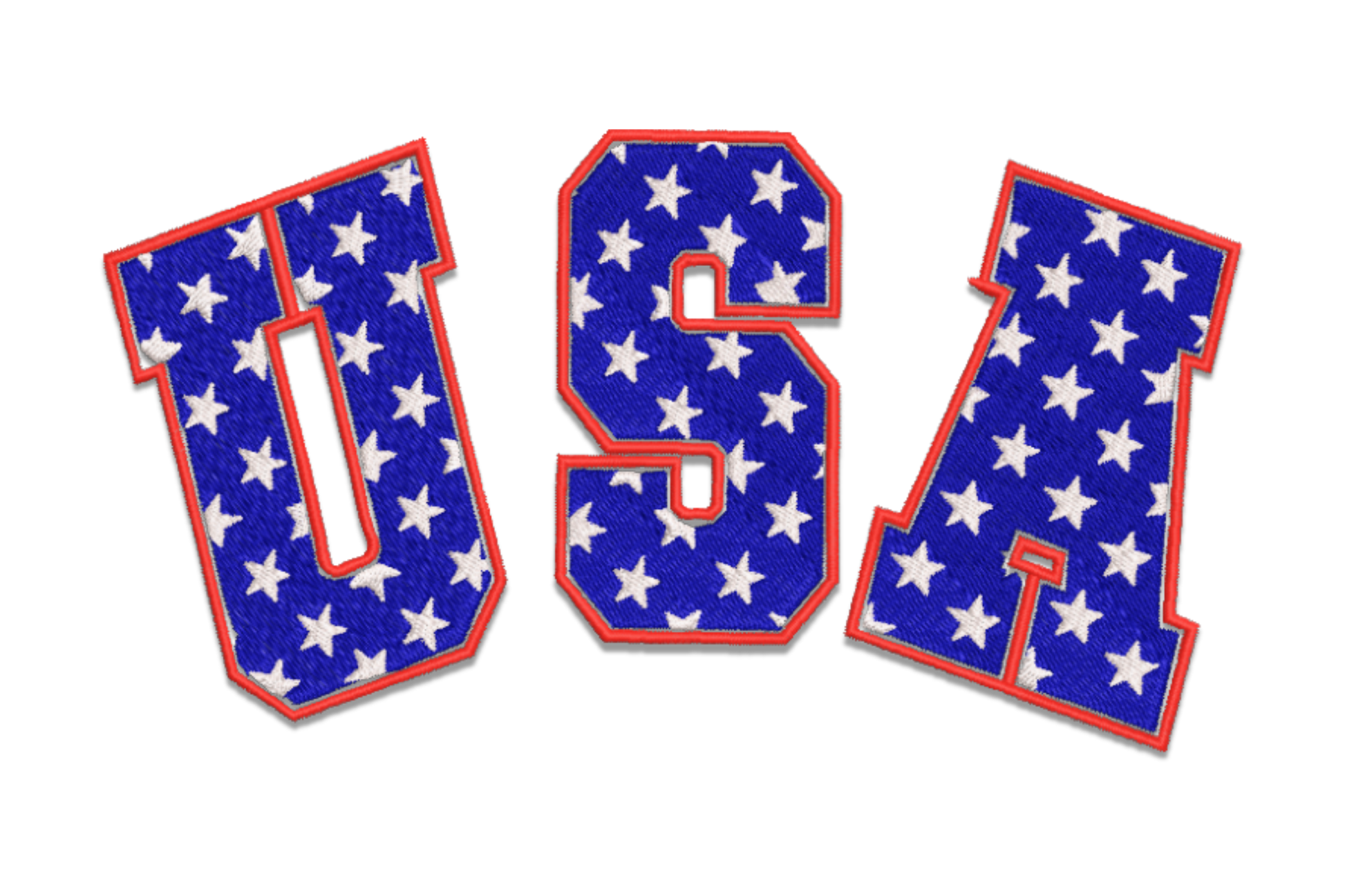 USA block letter typography embroidery design, patriotic flag fills inside each letter with star accents, 3 colours navy red white for 4th of July shirts