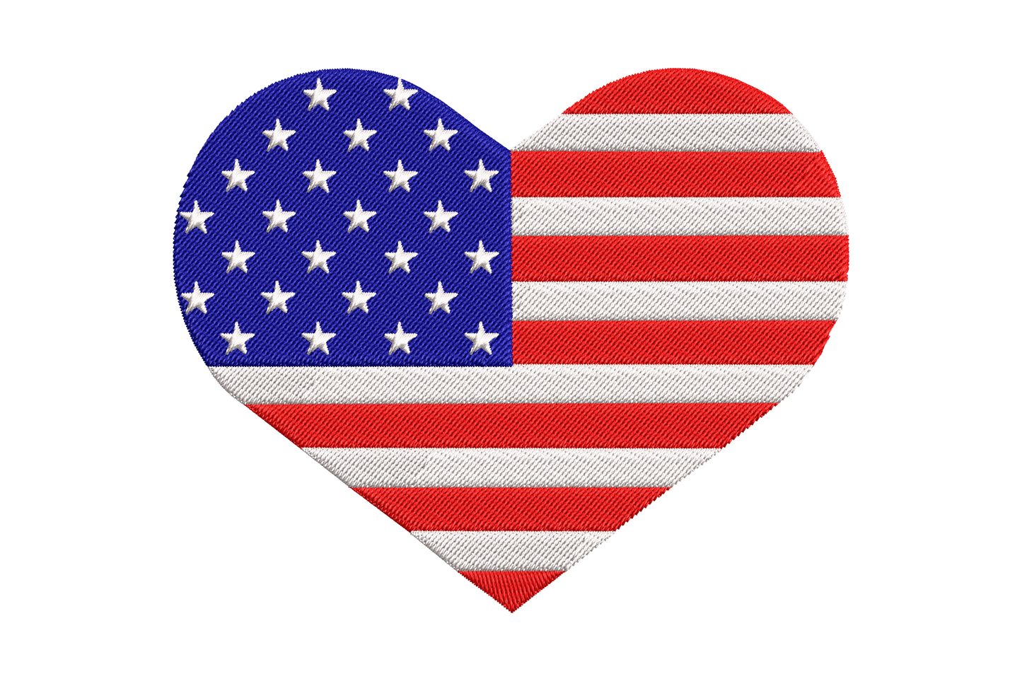 USA flag heart embroidery, navy star field left half, red and white stripes right half, no outline, clean patriotic colours.