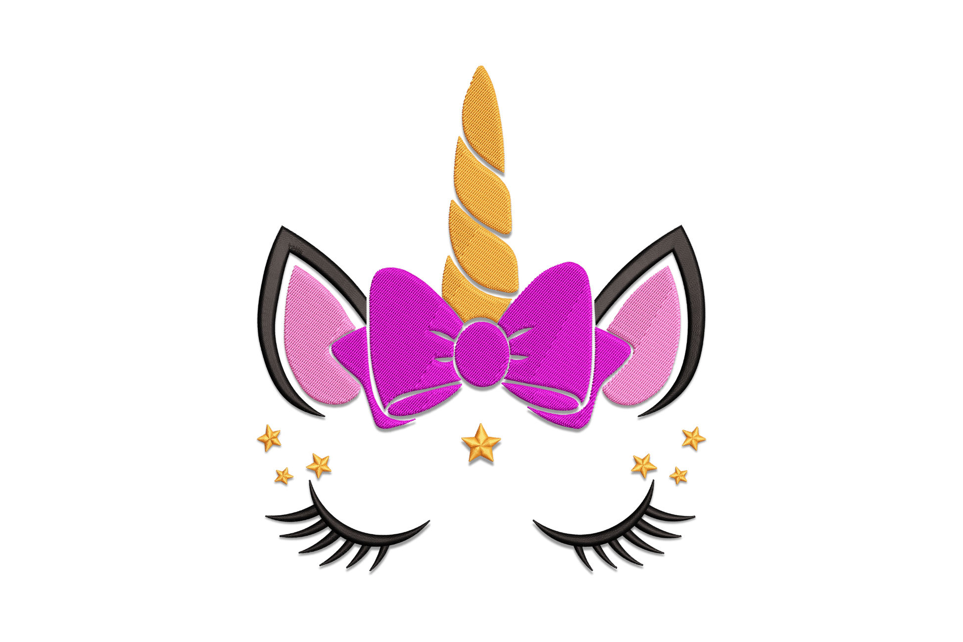 Unicorn face embroidery design with golden spiral horn magenta bow pink ears gold stars and long black eyelashes