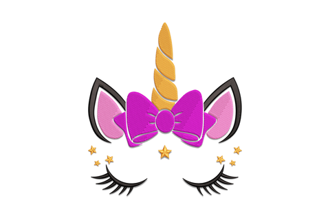 Unicorn face embroidery design with golden spiral horn magenta bow pink ears gold stars and long black eyelashes