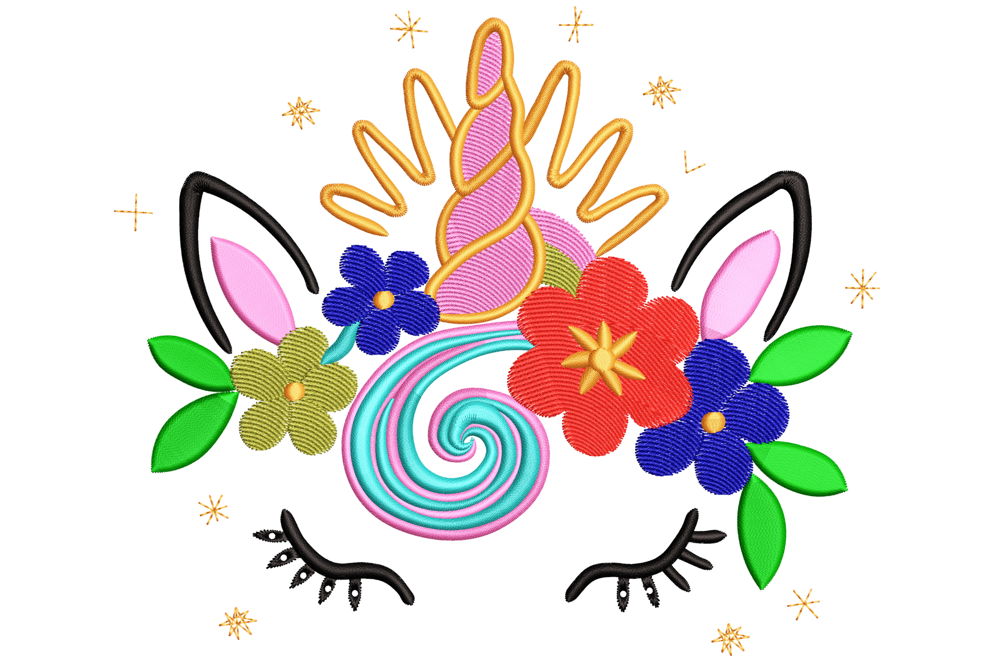 Unicorn face embroidery design with floral crown, spiral horn, teal spiral eyes and long lashes in eight colours.