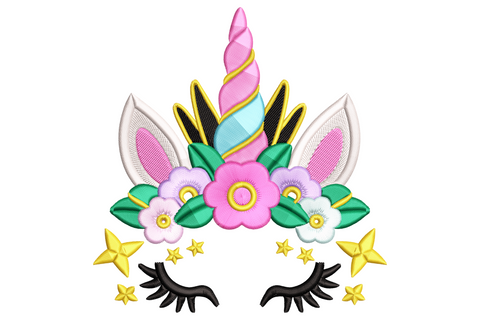 Unicorn floral face embroidery design with pink horn closed black lashes and a magenta lavender pansy flower crown.