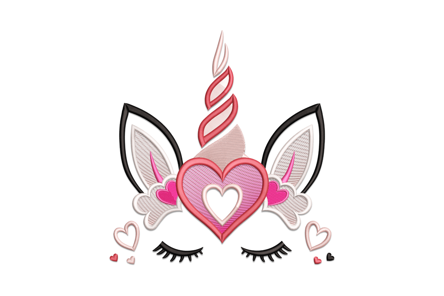 Unicorn heart eyelash embroidery design with kawaii face, long lashes, heart nose and pink magenta colours.