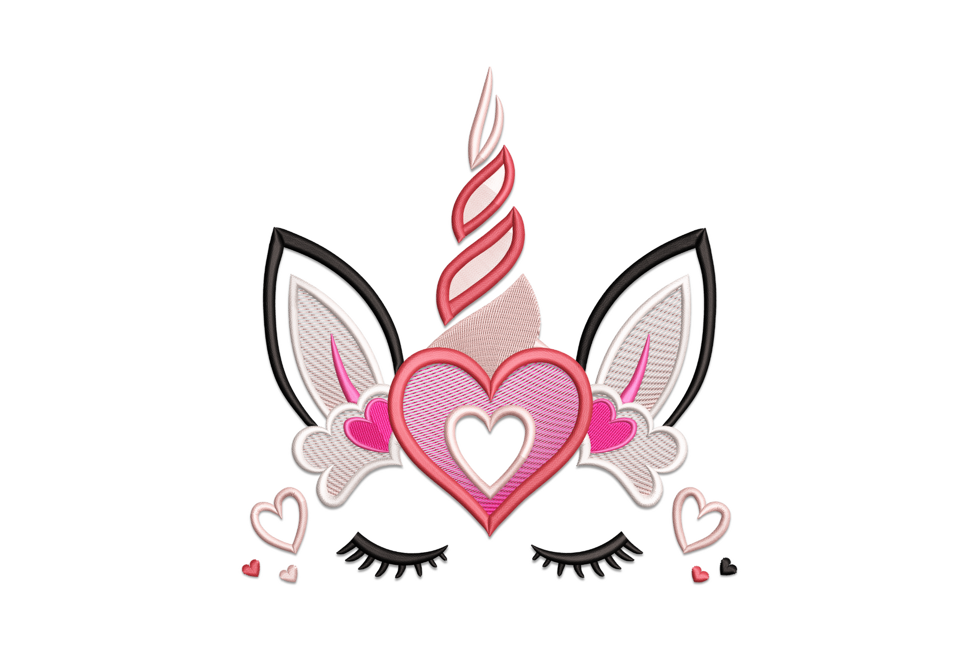 Unicorn heart eyelash embroidery design with kawaii face, long lashes, heart nose and pink magenta colours.