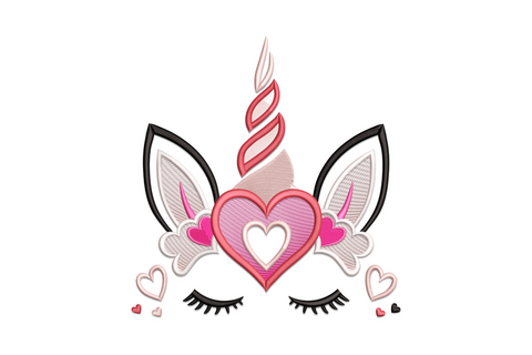 Unicorn heart eyelash embroidery design with kawaii face, long lashes, heart nose and pink magenta colours.