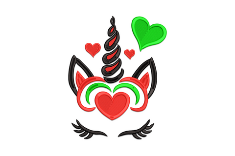 Machine embroidery design of a cute unicorn face with closed lash eyes, spiral horn, heart nose, and small hearts floating above, in red and green thread