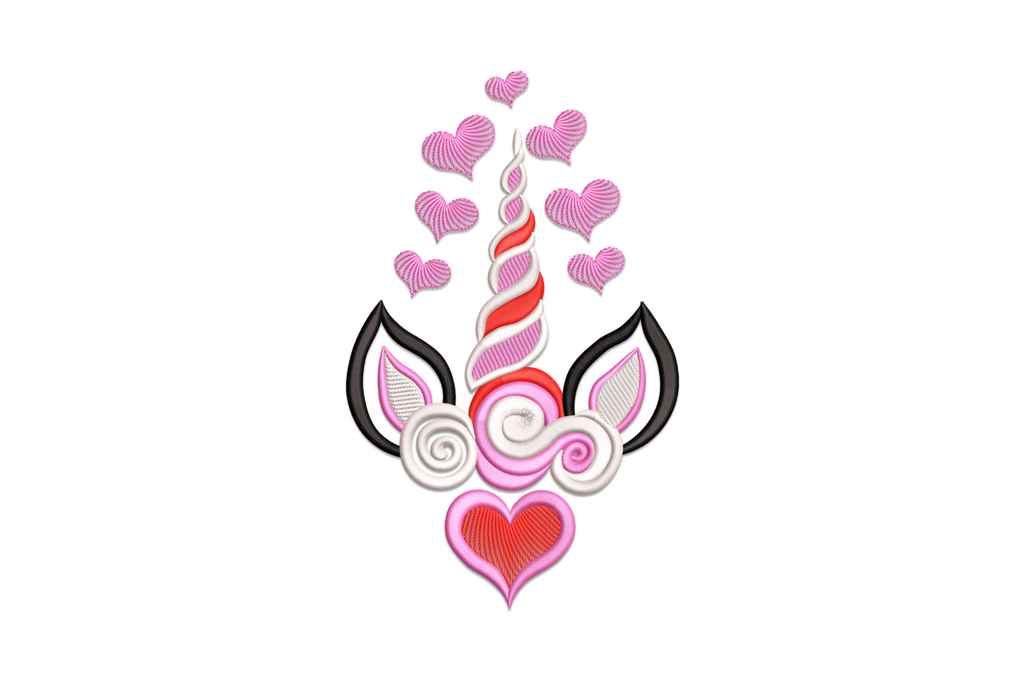 Unicorn face embroidery with hearts floating up the spiral horn, ornate scroll sides and large open heart base in red pink black and white