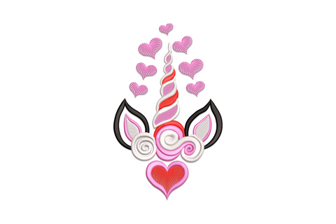 Unicorn face embroidery with hearts floating up the spiral horn, ornate scroll sides and large open heart base in red pink black and white