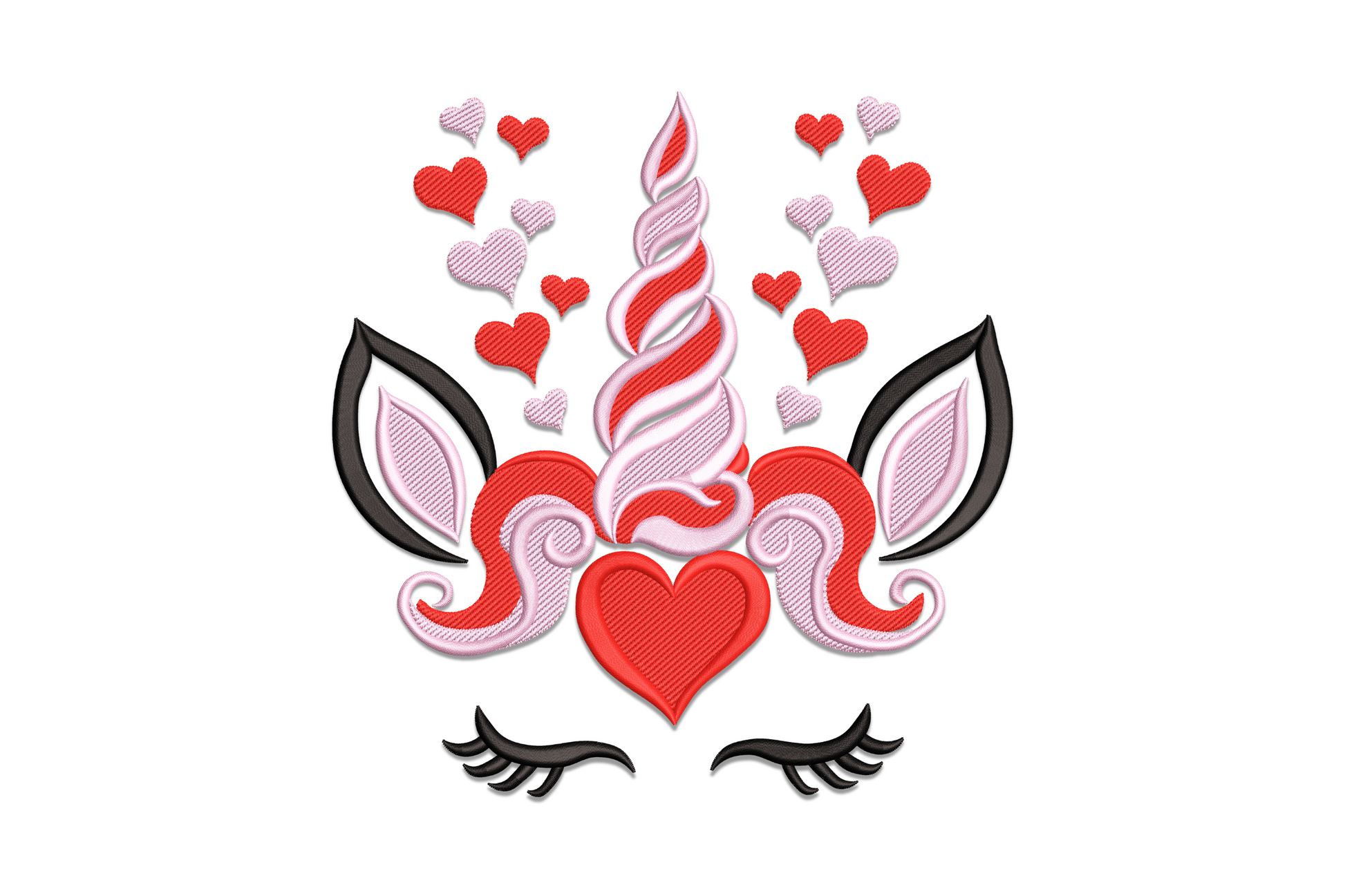 Unicorn valentine heart embroidery design, cute cartoon unicorn with pink mane and gold horn, kids Valentine pattern