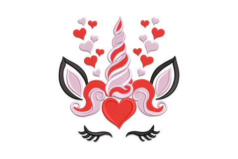 Unicorn valentine heart embroidery design, cute cartoon unicorn with pink mane and gold horn, kids Valentine pattern