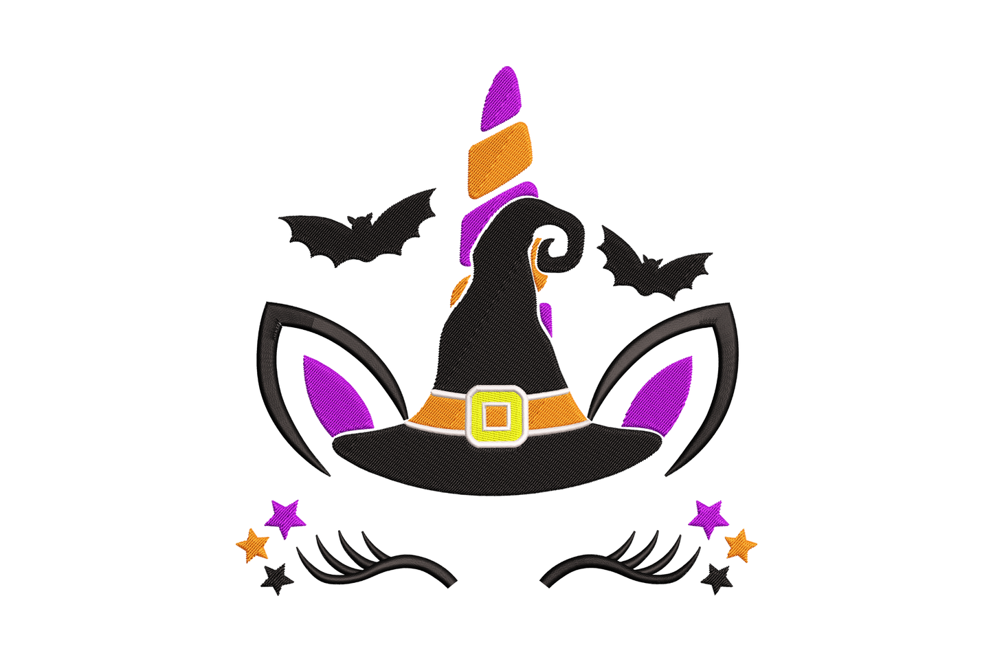 Unicorn witch Halloween embroidery design with black witch hat, orange horn, purple ears and bats, 5-color machine embroidery