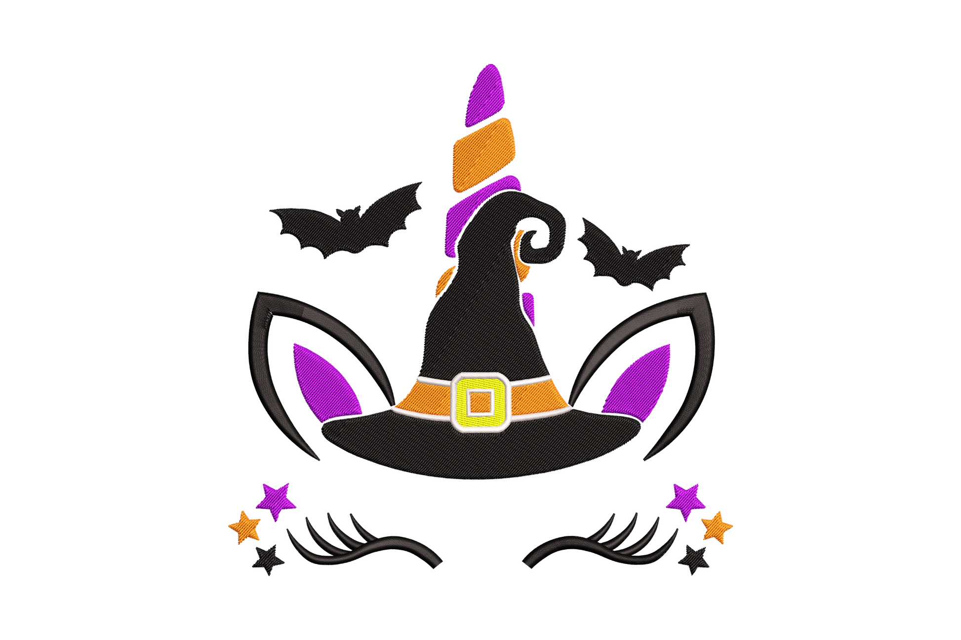Unicorn witch Halloween embroidery design with black witch hat, orange horn, purple ears and bats, 5-color machine embroidery