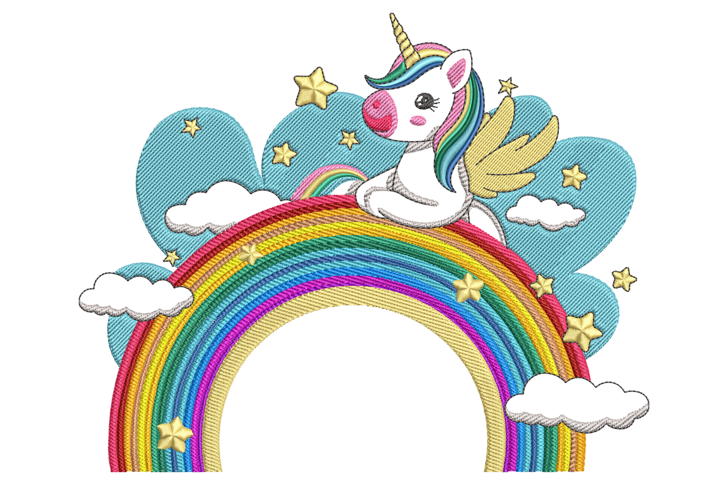 White baby unicorn with rainbow mane and gold wings sitting on top of a 6 stripe rainbow with white clouds and gold stars