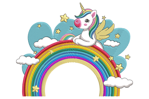 White baby unicorn with rainbow mane and gold wings sitting on top of a 6 stripe rainbow with white clouds and gold stars