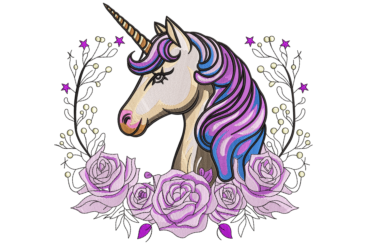 Unicorn with floral wreath embroidery design, white unicorn in profile encircled by pastel roses and green leaves, 11 colours.