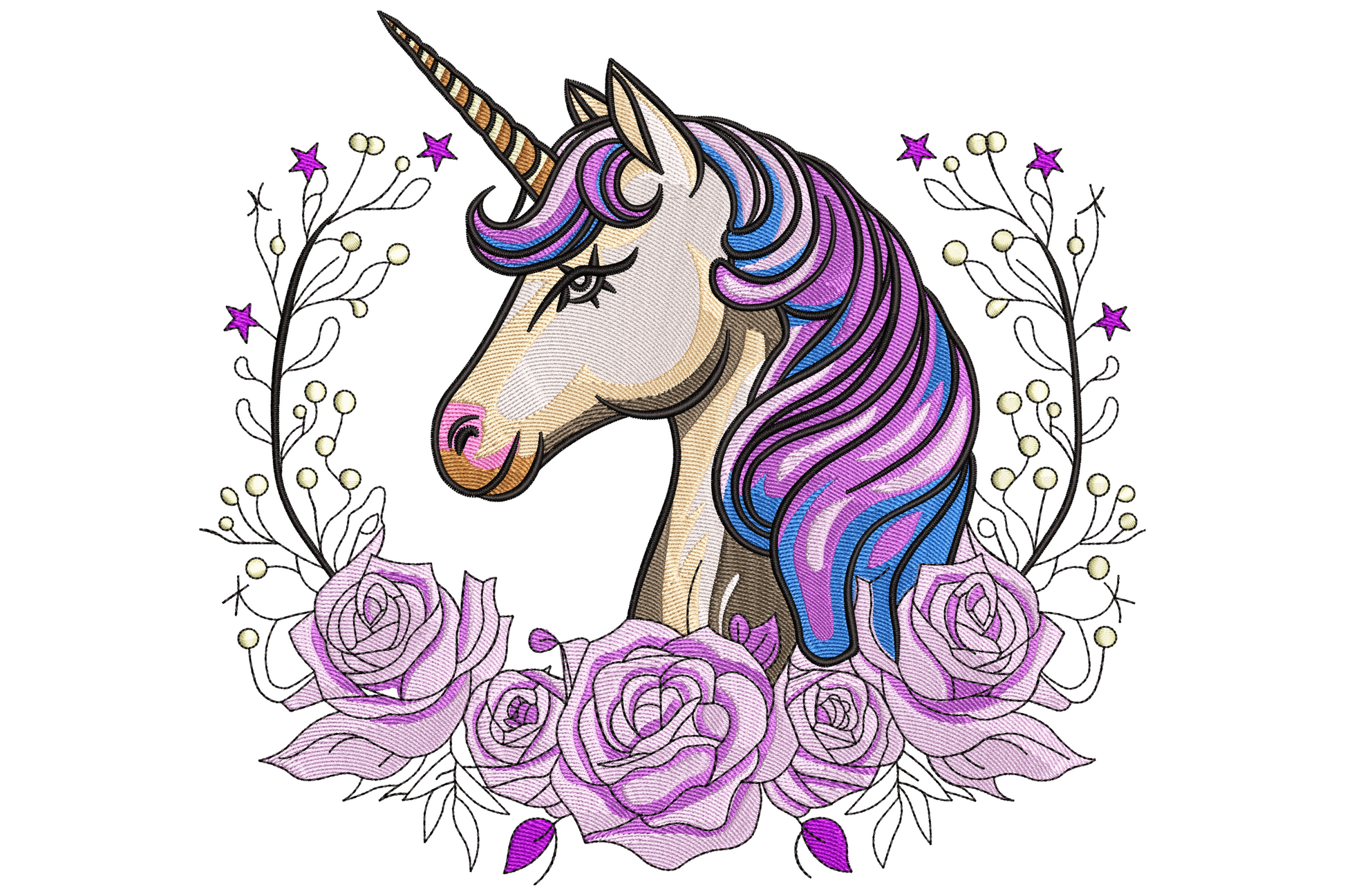 Unicorn with floral wreath embroidery design, white unicorn in profile encircled by pastel roses and green leaves, 11 colours.