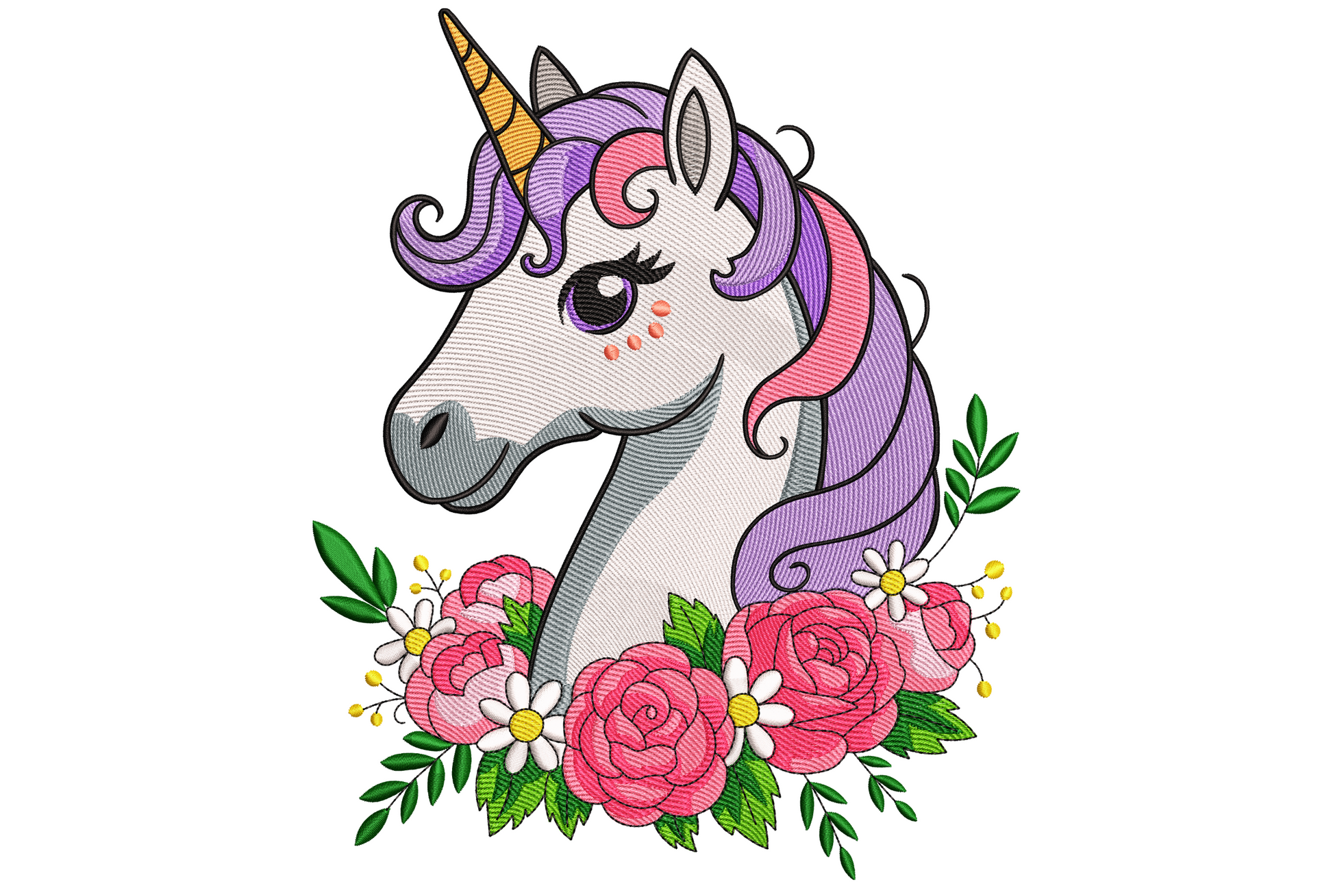 Unicorn embroidery with lavender mane, gold spiral horn and pink roses with white daisies clustered at the neck base.