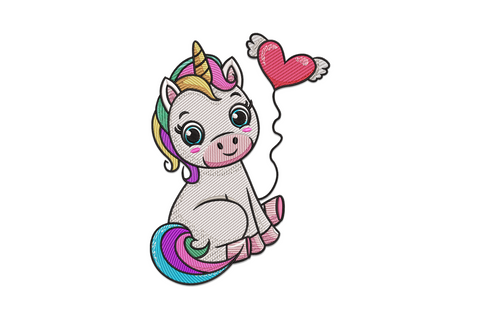 Chibi baby unicorn with pastel rainbow mane pink balloon and gold horn, kawaii sparkle eyes, fantasy embroidery design