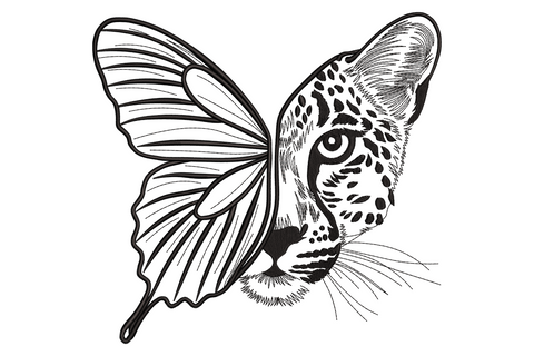 Butterfly cat face embroidery design split vertically, detailed butterfly wing on the left and spotted leopard cat on the right.
