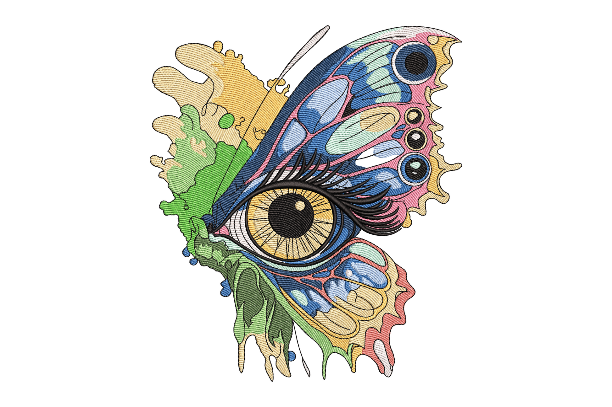 Butterfly eye embroidery design, surreal human eye merged with wing, 13 colors, peach orange green blue, long lashes.