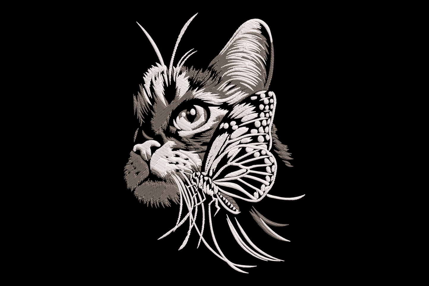 Seated charcoal cat looking up at a butterfly, two-colour dense fur-textured satin fill embroidery design, vertical composition on dark fabric.