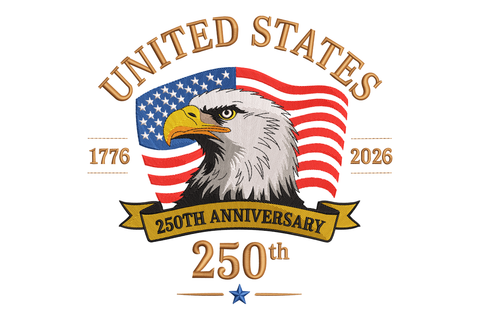 Logo celebrating the 250th anniversary of the United States with an eagle and American flag.
